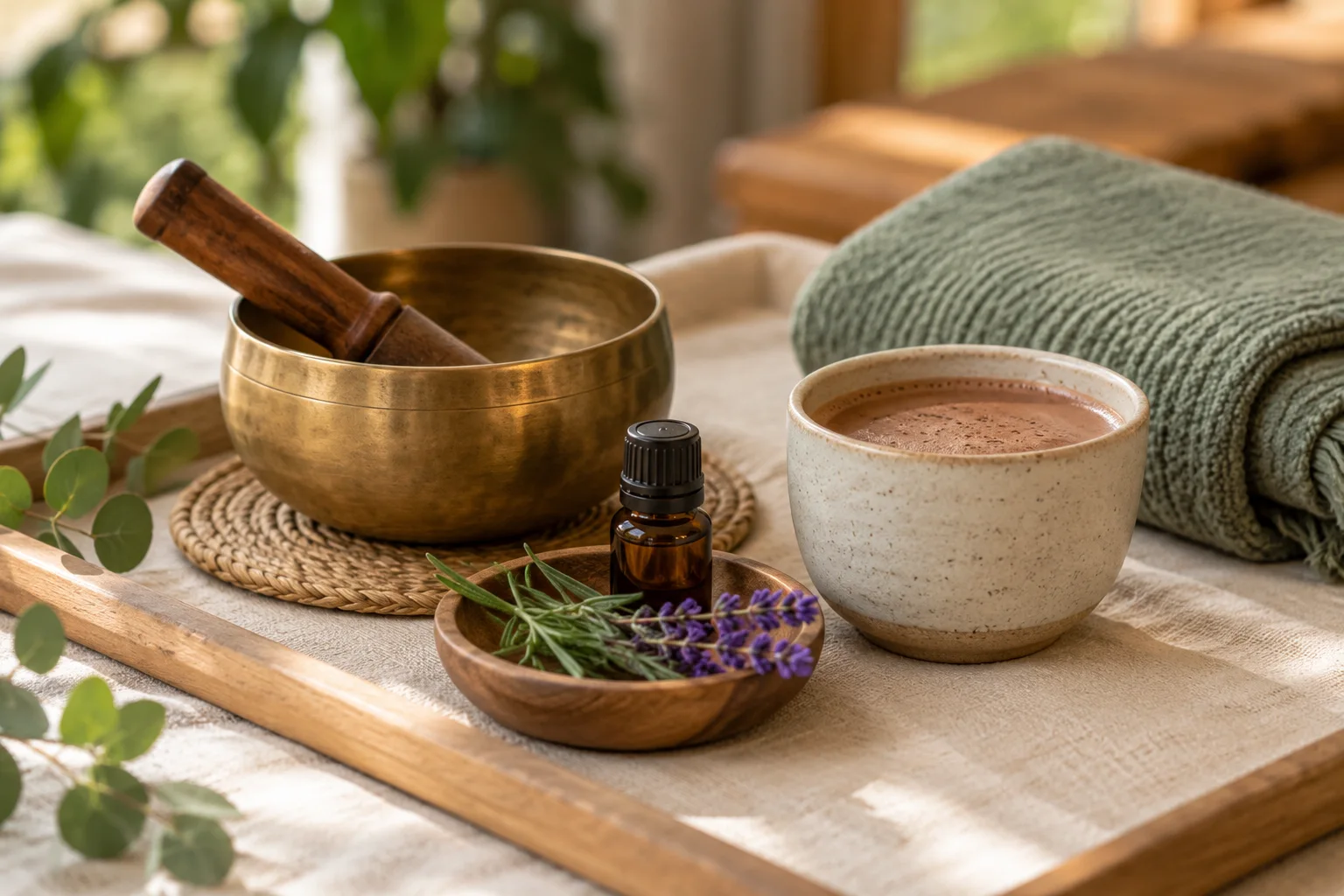 Imagen ilustrativa de aromaterapia, cuenco y cacao para una pausa de relajación